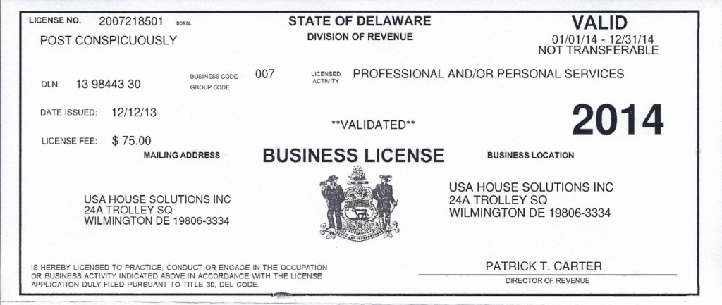 USA House Solutions 2014 Business License