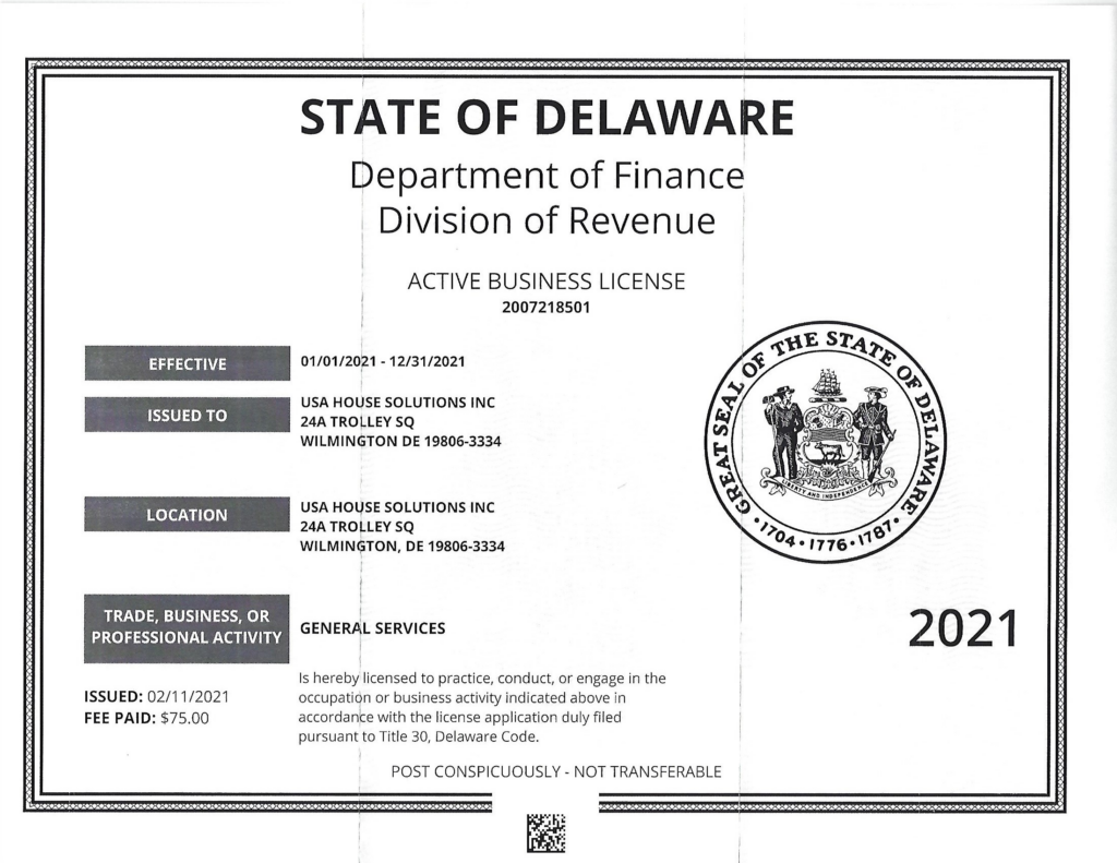 2021 business license for usa house solutions